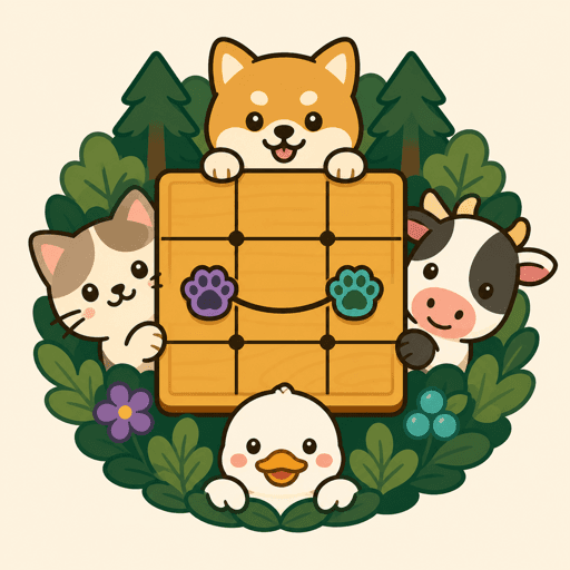 いぬ、ねこ、うし、あひると森の碁盤を描いた、よついろ碁の森のロゴ